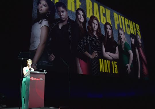 Elizabeth Banks at CinemaCon presenting Pitch Perfect 2